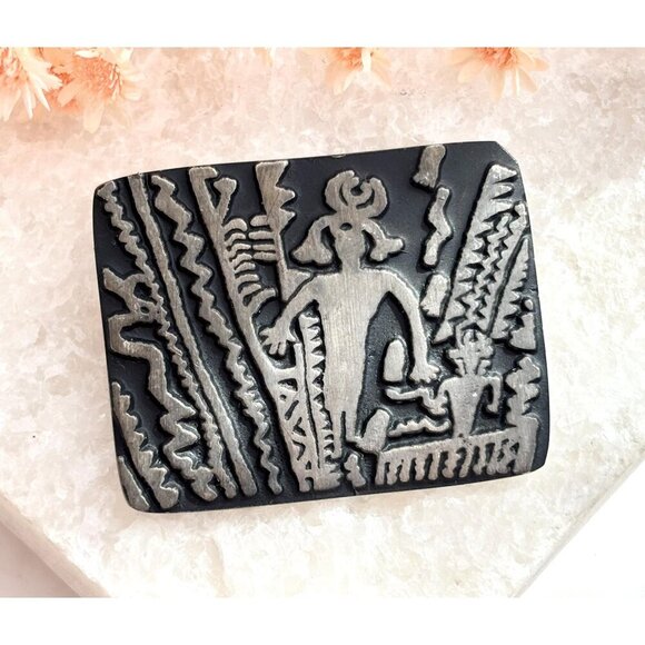 Alice Seely Pewter New Mexico Made Tribal Petroglyph Urban Fetish Vintage Brooch - Picture 1 of 10